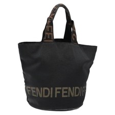 FENDI Hand Bag Canvas Black Brown gold Auth bs28908