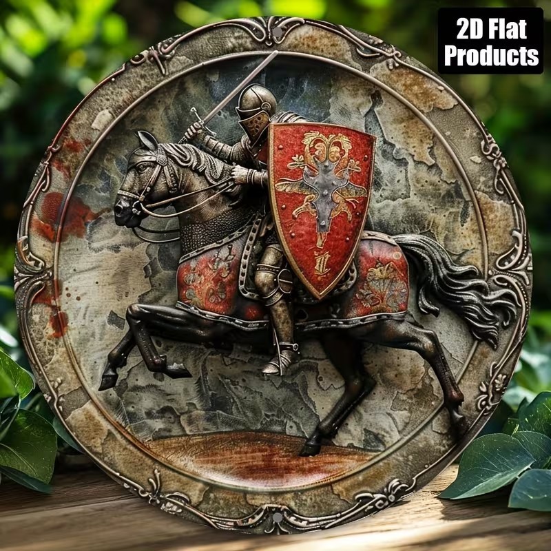 Letrero de metal redondo decorativo arte de pared caballero medieval a caballo 20x20 cm regalo