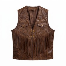 Men's Western Fringe Leather Vest Cowboy Distressed Brown Waistcoat S-6XL