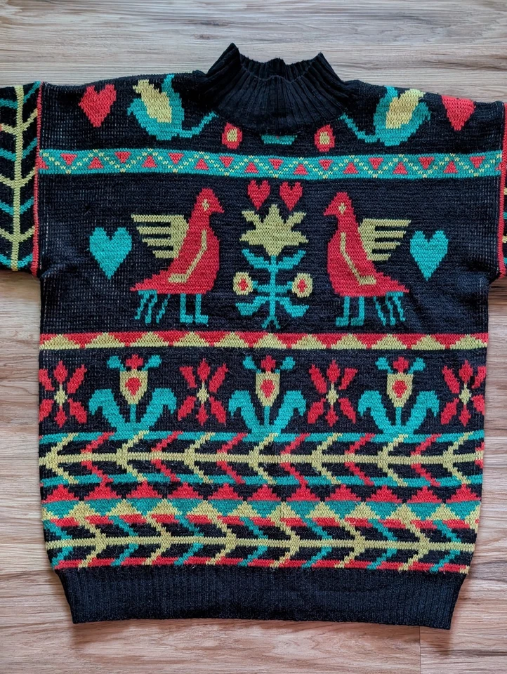 Suéter Feo Vintage Vibes Mujer M Negro Colorido Geo Flor Pájaro Amor Retro Años 80 Foto 3 de 4