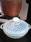 Vintage (hint of light blue) Milk Glass Hobnail Candy Dish Bowl - handles & lid