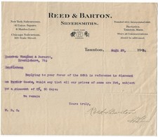 Reed & Barton Silversmiths Taunton MA 1902 Vintage Letterhead Sterling