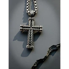 David Yurman Sterling Silver Box Chain Necklace-Cable Cross Pendant-Mens-Unisex