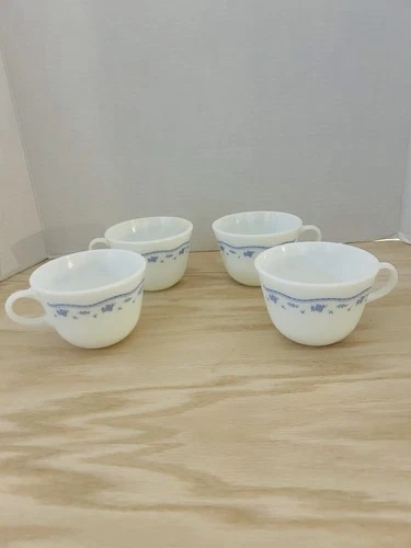 Vintage Pyrex Milk Glass White & Blue Floral Pattern Set of 4 Cups