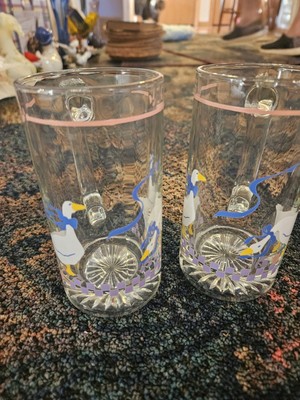 2 Libbey Country Geese Pink Heart Stein Mugs Set Vintage Clear Blue Ribbons