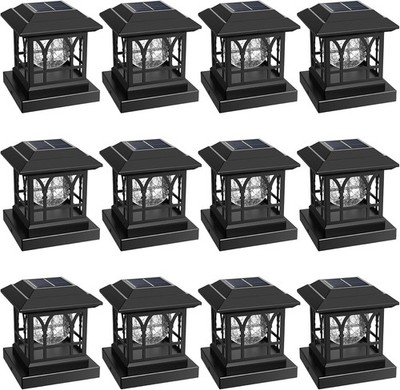 12 Pack Solar Fence Post Cap Lights Crackle Glass RGB & Warm White Automatic Cyc