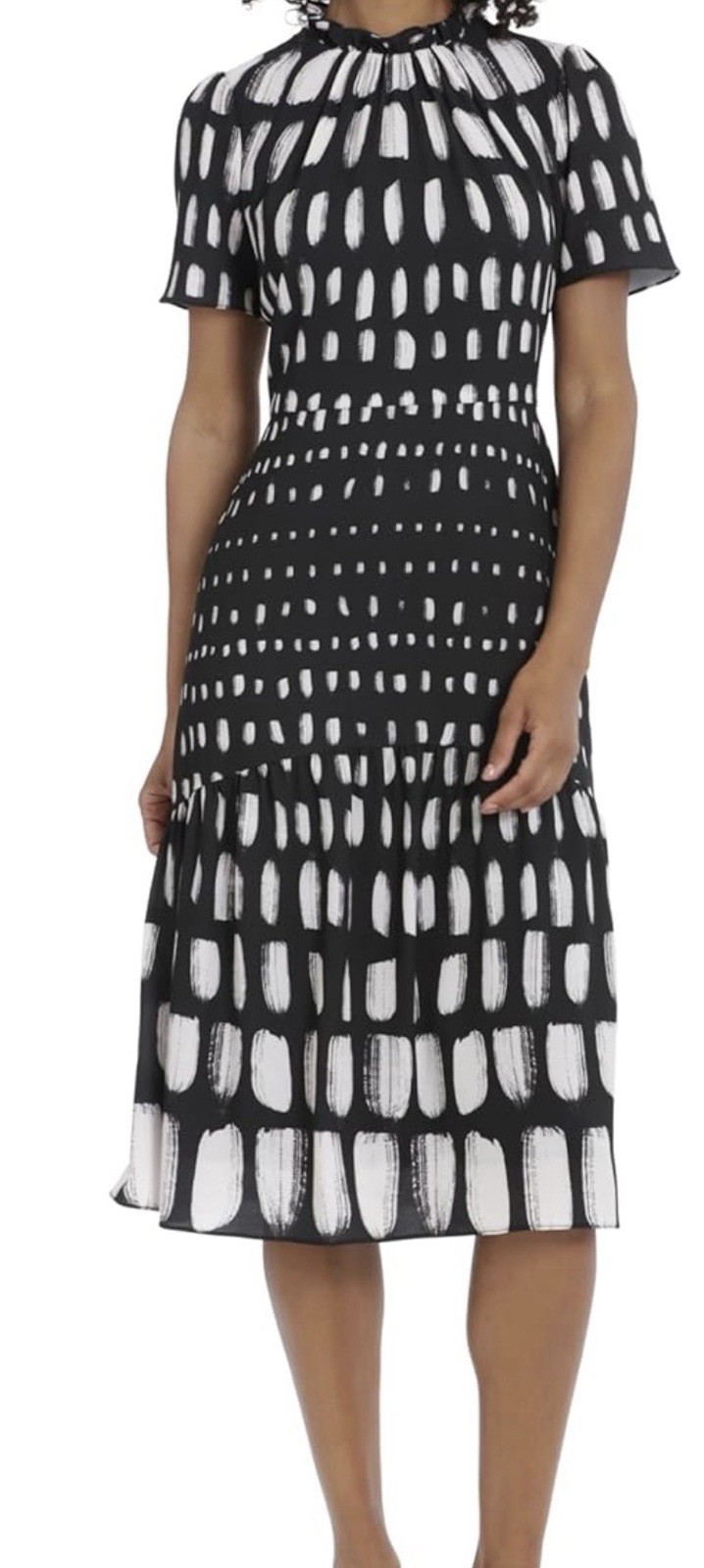 Maggy London Womens Dress US 4 Black White Geometric Short Sleeve Midi Sheath