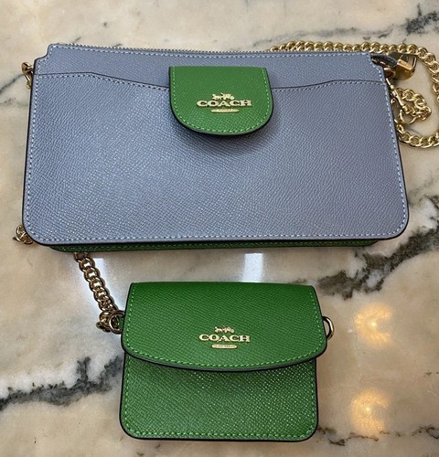 Coach Poppy Gold Chain Crossbody Bag With Card Case in Colorblock Gray/ Green - 第 11/17 張圖片