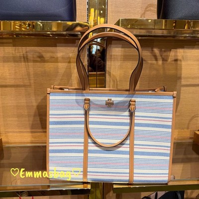 Tory Burch Blake Stripe Canvas Jumbo Tote 175964 $550 Multi/Walnut