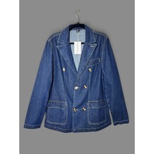 Giovanco Men's Double Breasted Denim Blazer Jacket Blue Contrast Stitch Size L