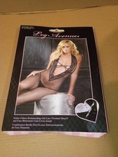 Leg Avenue Halter Fishnet Bodystocking OS w/Lace Trimmed Deep V  Faux NEW.