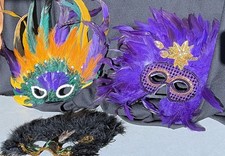 3 Mardi Gras Feather Glitter MASKS Adjustable