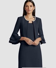 Tahari ASL Women's Pearl-Trim Ruffled-Sleeve Navy Jacket Size 10 NWT.