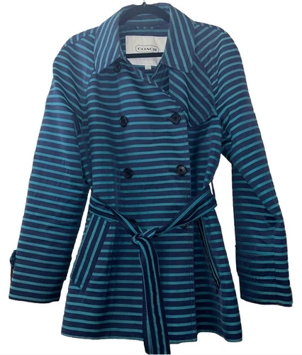 Giacca Coach donna XL doppiopetto corto trench blu righe cintura pavone