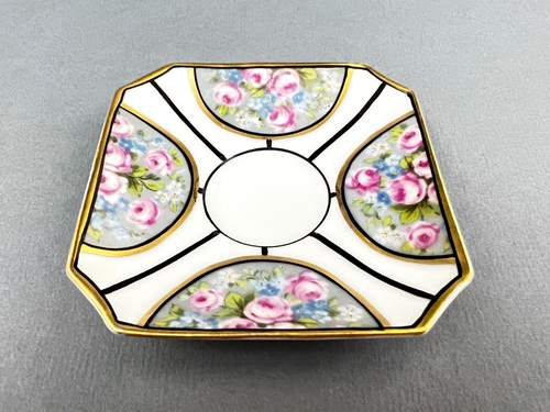 ATQ Fraureuth Sontag & Sons Pink Roses Gold Gilt Square Demitasse Cup & Saucer - Picture 8 of 13