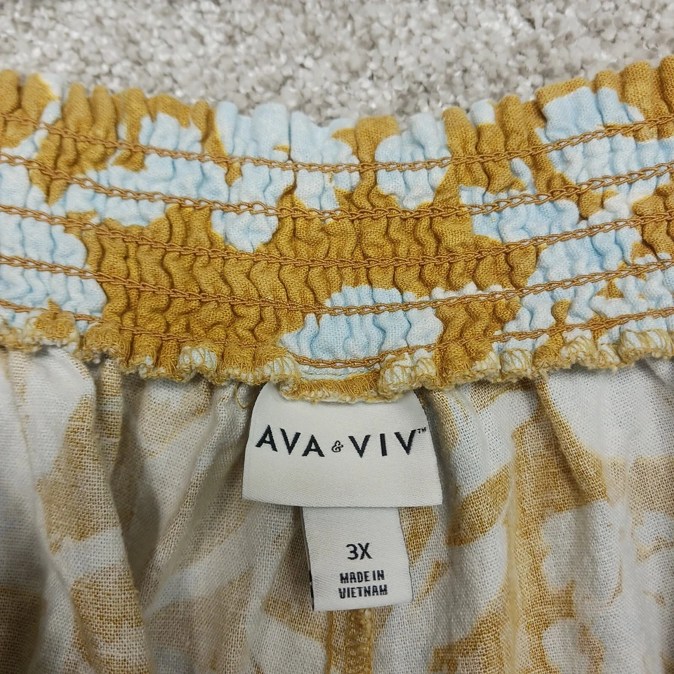 Pantalones Cortos Ava & Viv Para Mujer 3X Amarillo Mostaza Blanco Floral Lino Cintura Elástica Foto 4 de 4