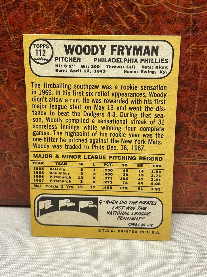 1968 Topps #112 Woody Fryman Phillies Mint!!!! - Image 2 of 2