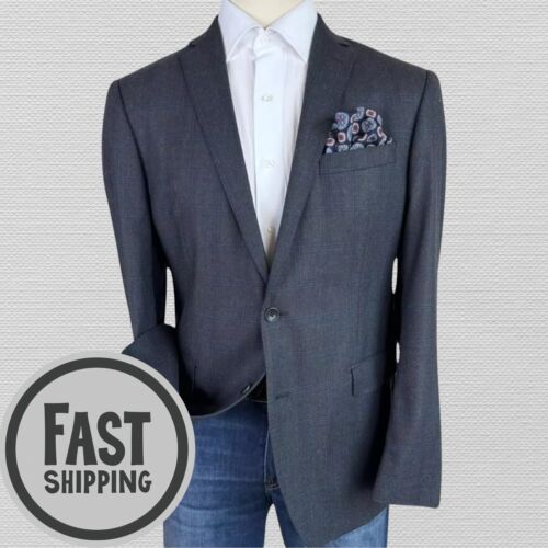 DKNY Mens Blazer 44R Gray/Blue Plaid WOOL Sport Coat Two Button Suit Jacket