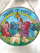 VTG Joan Baker Hand Painted Glass  6.5" Sun Catcher Peace on Earth Christmas new