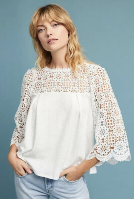 Eri & Ali Anthropologie Marigold Lace Crochet White Top Shirt Size S