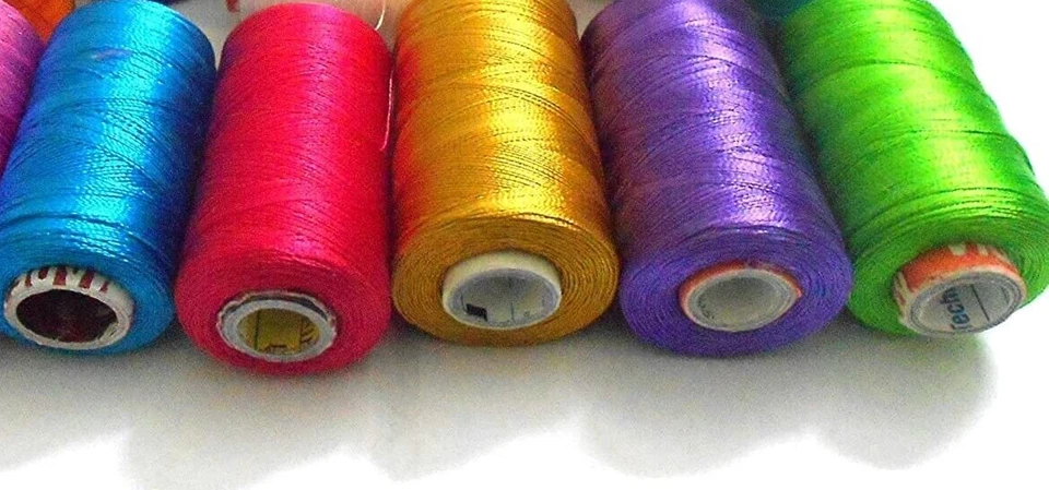 Silk Thread Sewing Spools Shiny Bright Yellow, Green, Red, Blue, Pink Set of 5 - Image 2 of 4