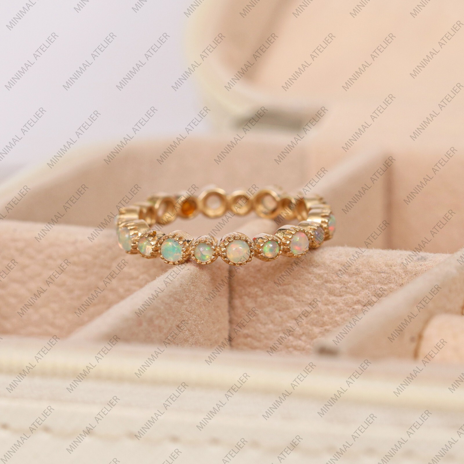 Opal Eternity Wedding Band in 14k Yellow Gold Minimalist Jewelry-image