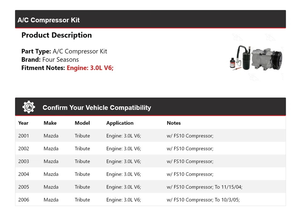 Kit compresor aire acondicionado V6 3,0 L para Mazda Tribute 2001-2006 4 estaciones 2002 2003 2004 Foto 2 de 4
