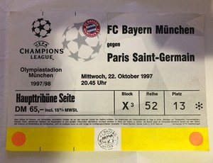 TICKET / BILLET BAYERN MUNICH-PSG 22/10/1997 C1 UEFA paris saint