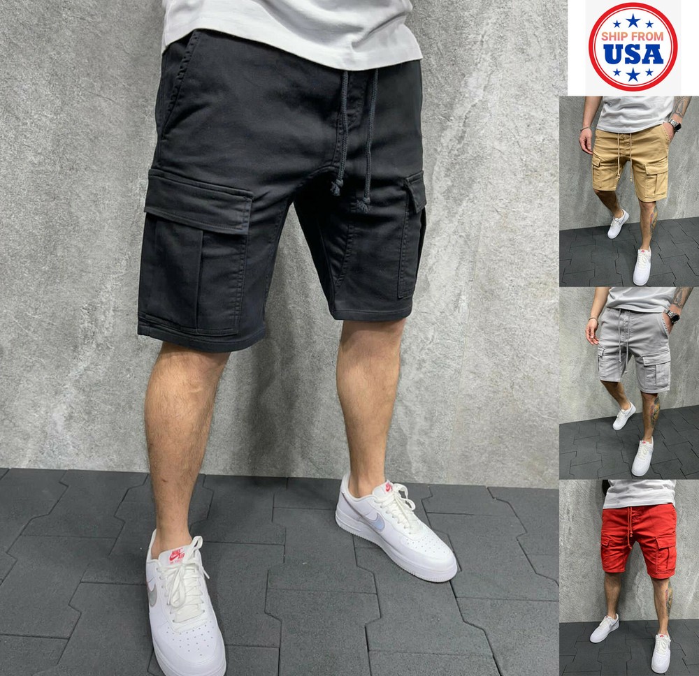 Men's Casual Chino Cargo Jogger Shorts with Pockets for Summer Gym