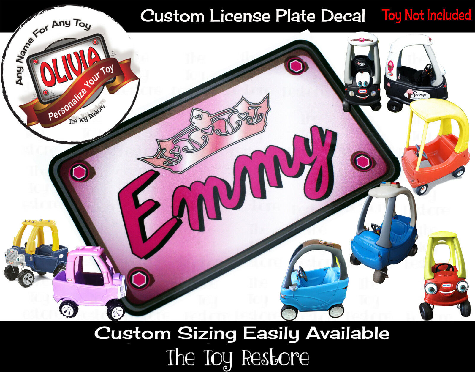 Custom License Plate Decal Sticker Fits Little Tikes Cozy Coupe Princess Crown