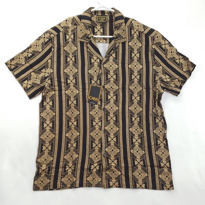 NEW Casa Moda Couture Shirt Mens L Black Gold Short Sleeve Camp Button-Up