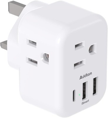 US to UK Ireland Plug Adapter, Addtam Type G Power Adapter with 3 AC white 