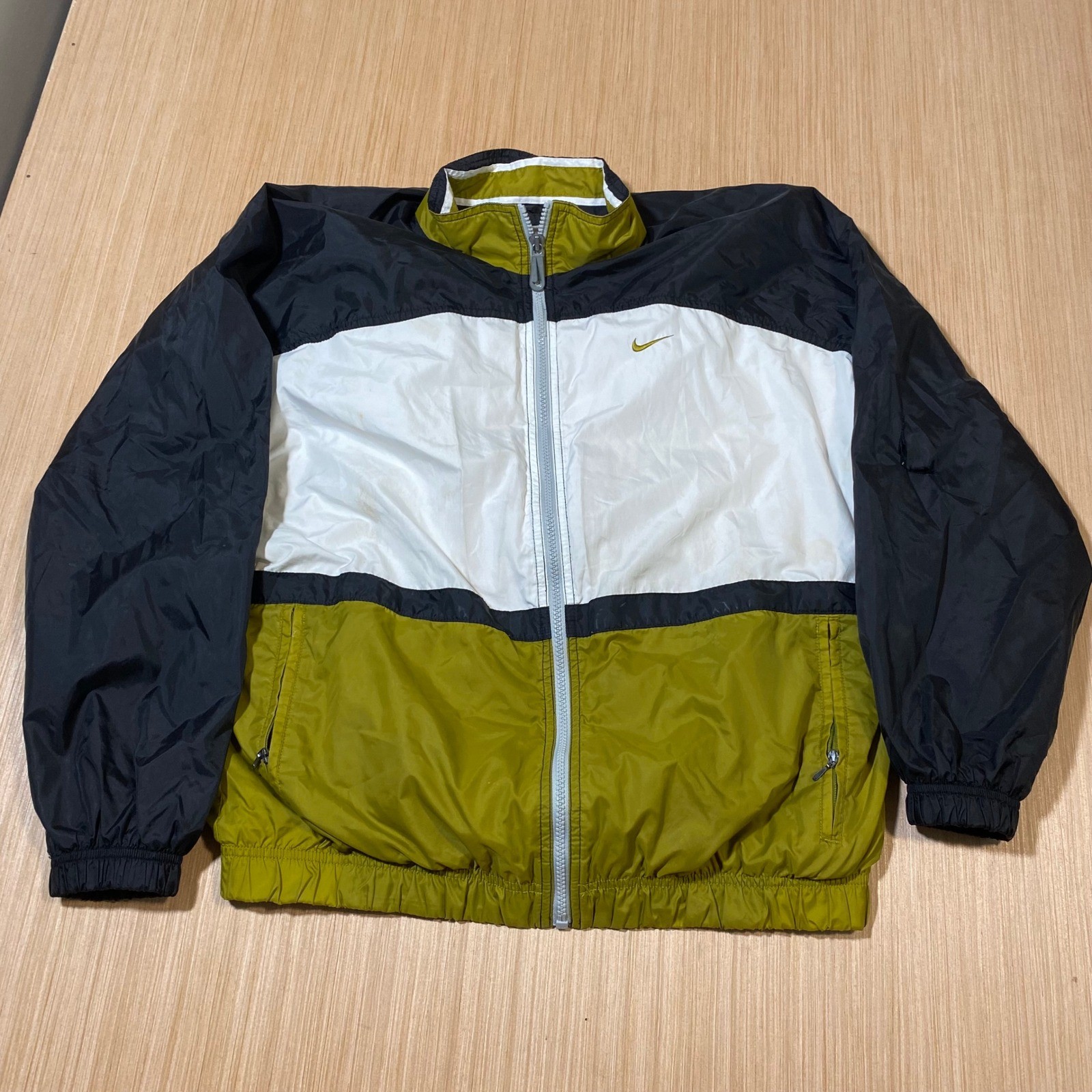 Vintage Nike Windbreaker Jacket Mens Medium Olive Green White Black Colorblock