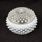 Vintage Fenton Glass Moonstone Hobnail Opalescent Powder Dish Box Vanity Jar Lid