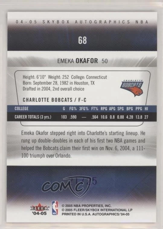 2004-05 Skybox Autographics Purple Royal Insignia /25 Emeka Okafor #68 Rookie RC - Image 2 of 2