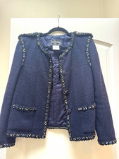 CHANEL Navy Tweed Jacket Braided Trim CC Buttons Wool Blazer Size 38 France