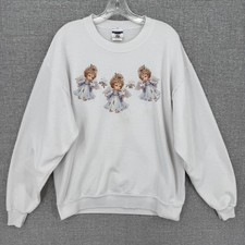 Vtg JERZEES Sweatshirt Womens L White Angels Cherub Graphic Crewneck 90s