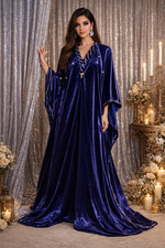 Elegant Silk Velvet Dark Blue Kaftan   Luxurious and Timeless