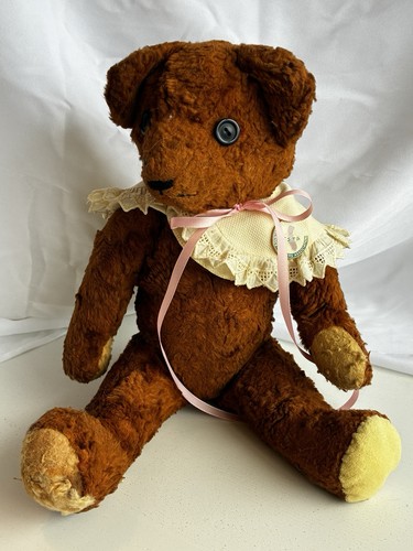 Vintage Handmade Mohair Teddy Bear – Button Eyes, Lace Collar, 14” – Charming! - Picture 2 of 16