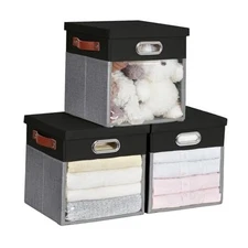 Fabric Storage Cubes with Clear Windows and Lids 11'' Foldable Storage Bins 