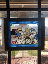 VTG Hand Crafted Painted Art Glass Window Panel Snowmen Wood Frame 13x16”