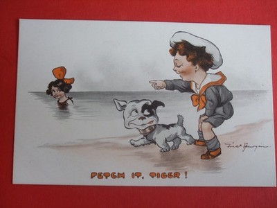 Alte FRED SPURGIN Comic BULLDOGGE BULLE HUND MÄDCHEN AM MEER IM MEER HOL ES TIGER Humor