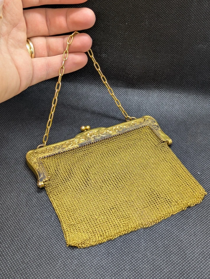ANCIEN SAC MAILLE EN FIX PLAQUE OR EPOQUE ART NOUVEAU BOURSE PORTE MONNAIE 20ème - Photo 2/4