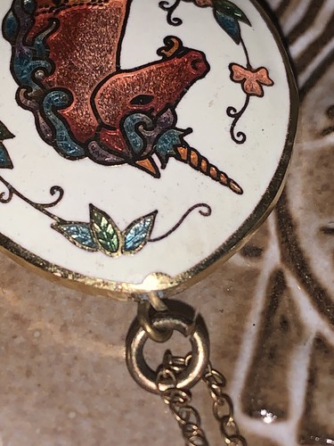 VINTAGE Cloisonné Unicorn Charm Pendant Necklace Puffy 70s - Picture 4 of 10