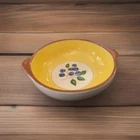 Stangl Pottery Blueberry Lug Handle Soup Bowl Yellow W/Blueberry Center VTG USA