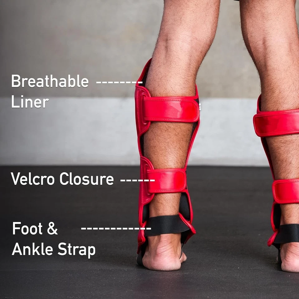 Espinilleras deportivas de Muay Thai, protectores de empeine para piernas (Roja) Foto 3 de 4