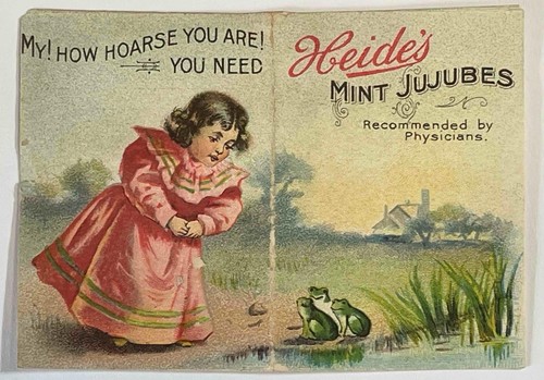 CARPETA DE TARJETAS COMERCIALES HEIDE'S MINT JUJUBES GIRL FROGS DEWEY es un héroe pequeño victoriano - Imagen 1 de 3