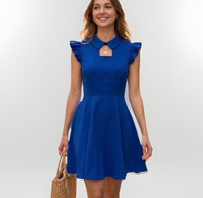 EMIS Korea Blue Asymmetrical Flutter Sleeve Mini Dress Cocktail Party Size S