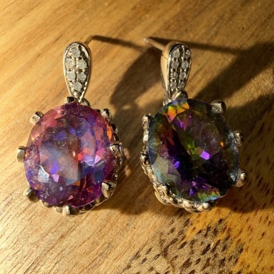 Mystic Quartz & Diamond Earrings Sterling Silver 925 Beautiful Color