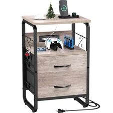 Nightstand with Drawers, Storage Night Stand with Charging Station Type C Por...
